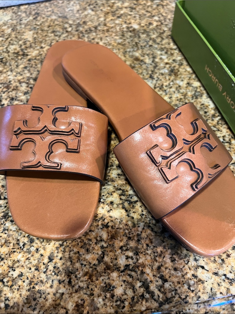Tory Burch Cognac Leather Logo Slide Sandals